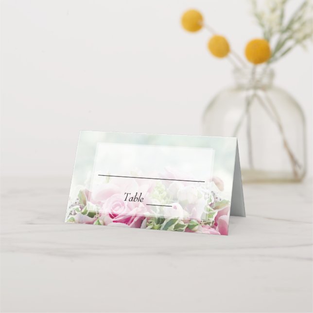 Elegant Pink Roses & Peony Buds Teal Wedding Place Card (Front)