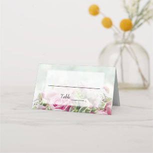 Elegant Pink Roses & Peony Buds Teal Wedding Place Card