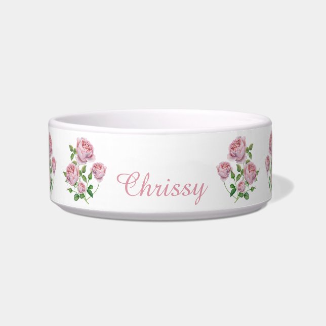 Elegant Pink Roses Personalised Pet Bowl (Front)