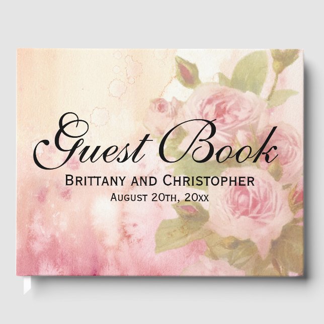Elegant Pink Roses Personalised Summer Wedding Guest Book (Front)