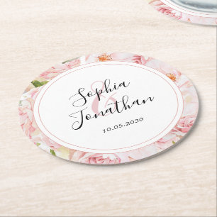 Elegant Pink Roses Personalised Wedding Round Paper Coaster