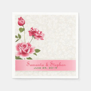 Elegant Pink Roses Plush White Damasks Napkin