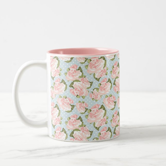 Elegant Pink Roses & Polka Dots Two-Tone Coffee Mug (Left)