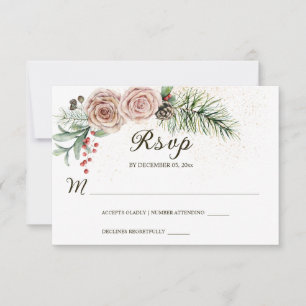 Elegant Pink Roses Red Berries Greenery Wedding RSVP Card