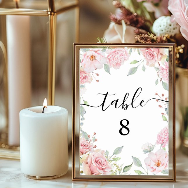 Elegant Pink Roses Romantic Calligraphy Wedding Table Number (Elegant Pink Roses Romantic Calligraphy Wedding Table Number)