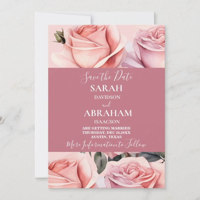 Elegant Pink Roses Save the Date Invitation (Front)