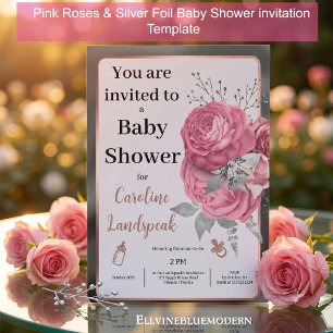 Elegant Pink Roses & Silver Foil Baby Shower Invitation