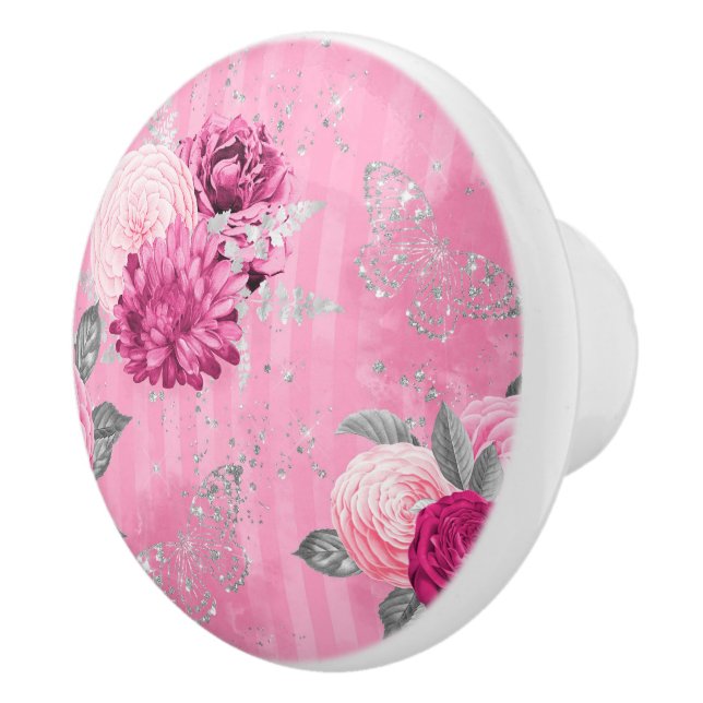 Elegant Pink Roses Silver Glitter Butterfly Ceramic Knob (Right)
