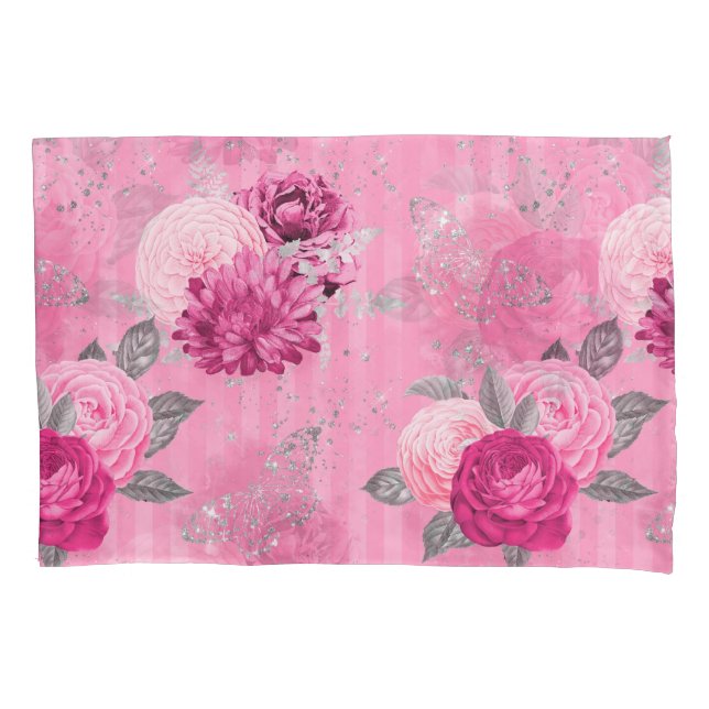 Elegant Pink Roses Silver Glitter Butterfly Pillowcase (Front)