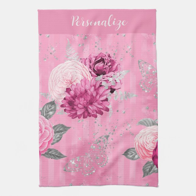 Elegant Pink Roses Silver Glitter Butterfly  Tea Towel (Vertical)