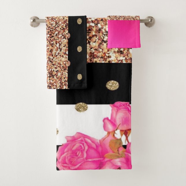 Elegant Pink Roses Stripes Glitter Polka Dots Bath Towel Set (Insitu)