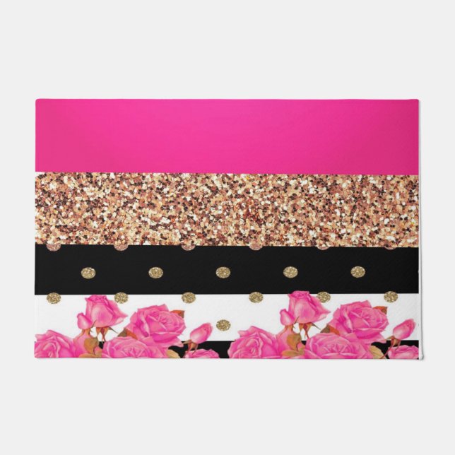 Elegant Pink Roses Stripes Glitter Polka Dots Doormat (Front)