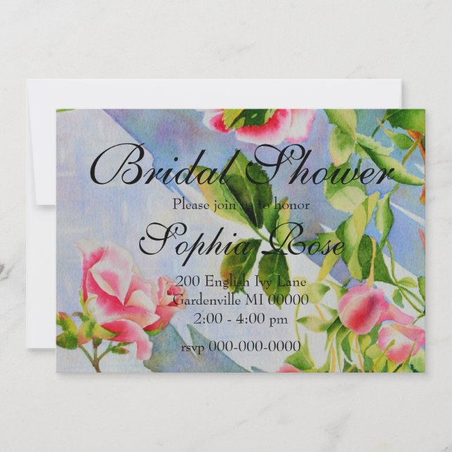 Elegant pink roses watercolor floral invitation (Front)