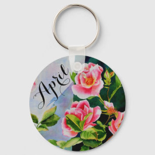 Elegant pink roses watercolor floral key ring