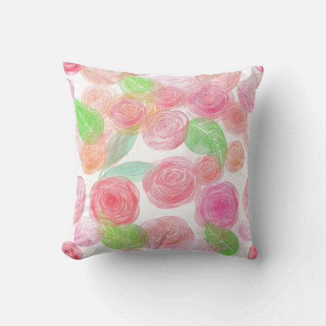 Elegant Pink Roses Watercolor Floral Pattern | Cushion (Front)