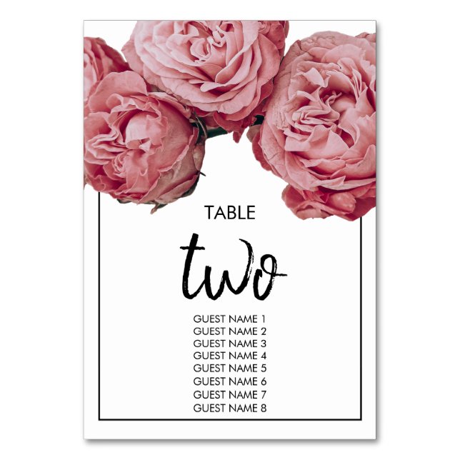 Elegant Pink Roses Wedding Guest Names Table Number (Front)