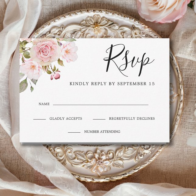 Elegant Pink Roses Wedding RSVP Card (Elegant Pink Roses Custom Wedding RSVP Card with Envelope)