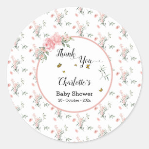 Elegant Pink Roses with Butterflies Baby Shower Classic Round Sticker