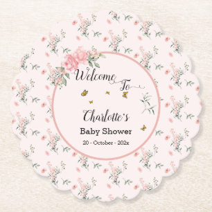 Elegant Pink Roses with Butterflies Baby Shower Paper Coaster