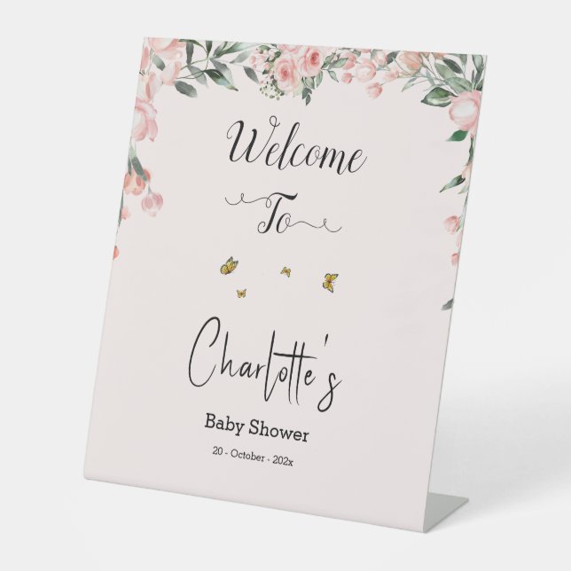 Elegant Pink Roses with Butterflies Baby Shower Pedestal Sign (Front)