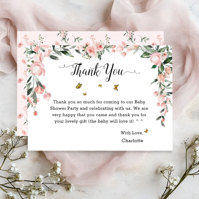 Elegant Pink Roses with Butterflies Baby Shower Thank You Card (Creator Uploaded)
