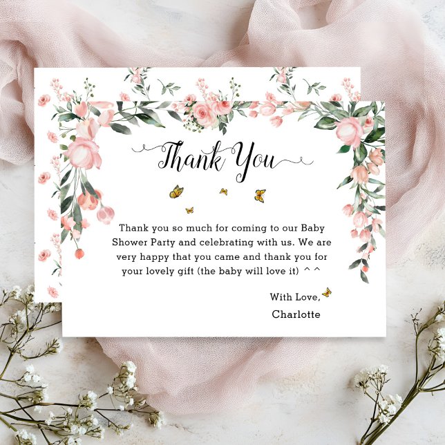 Elegant Pink Roses with Butterflies Baby Shower Thank You Card (Creator Uploaded)