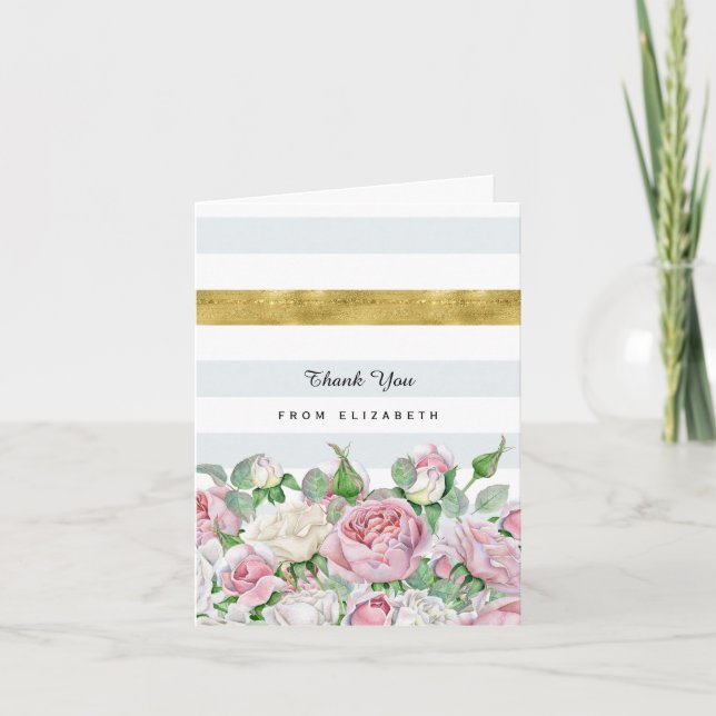 Elegant Pink Roses With FAUX Gold Stripe Thank You (Front)