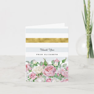 Elegant Pink Roses With FAUX Gold Stripe Thank You