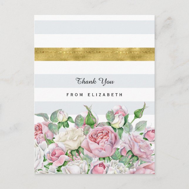 Elegant Pink Roses With FAUX Gold Stripe Thank You Postcard (Front)