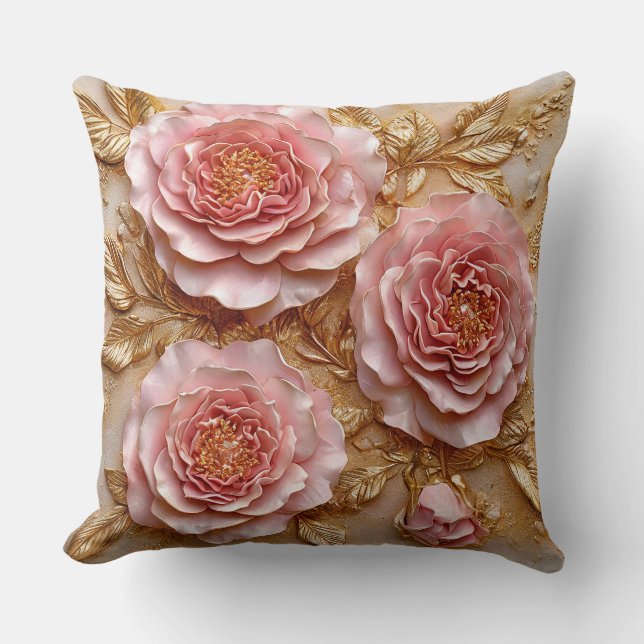 Elegant Pink Roses with Golden Leaves Cushion (Front)