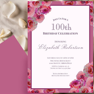 Elegant Pink Roses Women's 100th Birthday  Invitation