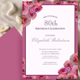 Elegant Pink Roses Women's 80th Birthday Invitation