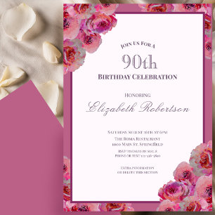 Elegant Pink Roses Women's 90th Birthday Invitation