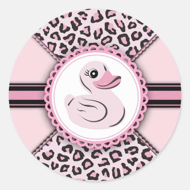 Elegant Pink Rubber Duck Baby Shower Stickers (Front)