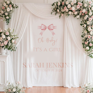 Elegant Pink Satin Bow Girl Baby Shower Backdrop Tapestry
