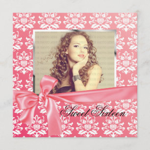 Elegant Pink Satin Damask Photo Birthday Party Invitation