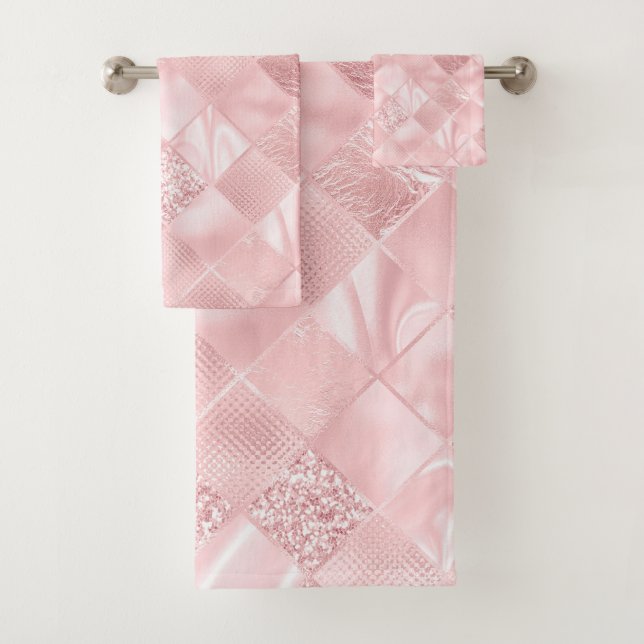Elegant Pink Satin Glitter Pattern Design Glam Bath Towel Set (Insitu)