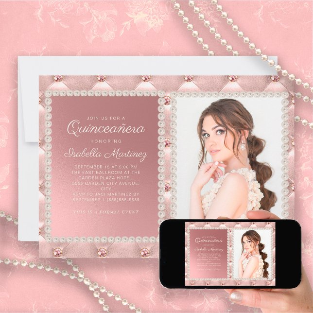 Elegant Pink Satin Pearls Jewels Photo Quinceañera Invitation (Creator Uploaded)