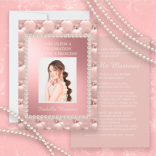 Elegant Pink Satin Quinceañera Photo Pearls Invitation (Creator Uploaded)