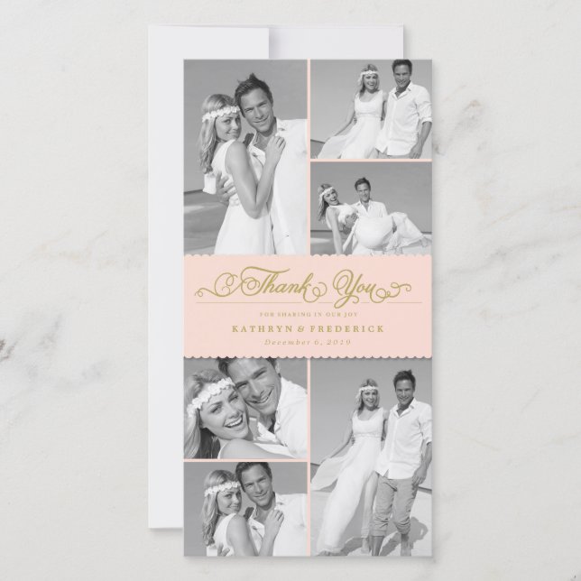 Elegant Pink Scalloped Band 6 Photo Chic Wedding Thank You Card (Front)