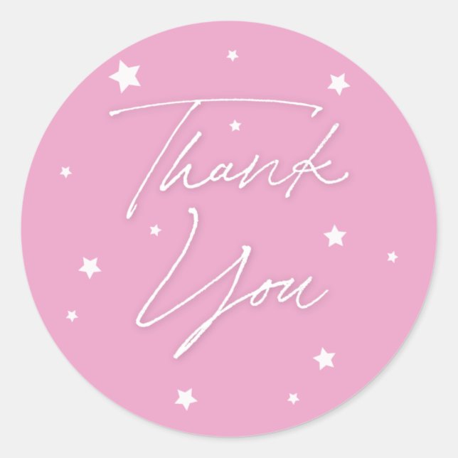 Elegant Pink Scattered Stars Thank You Classic Round Sticker (Front)