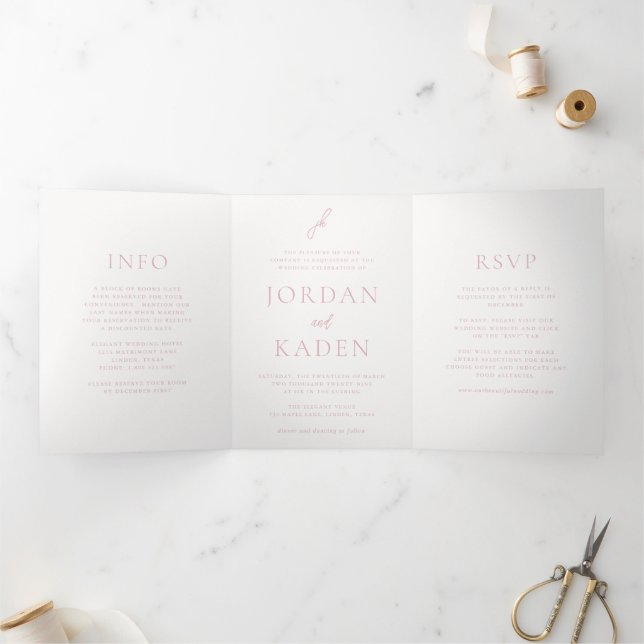 Elegant Pink Script Monogram Wedding Tri-Fold Invitation (Inside)