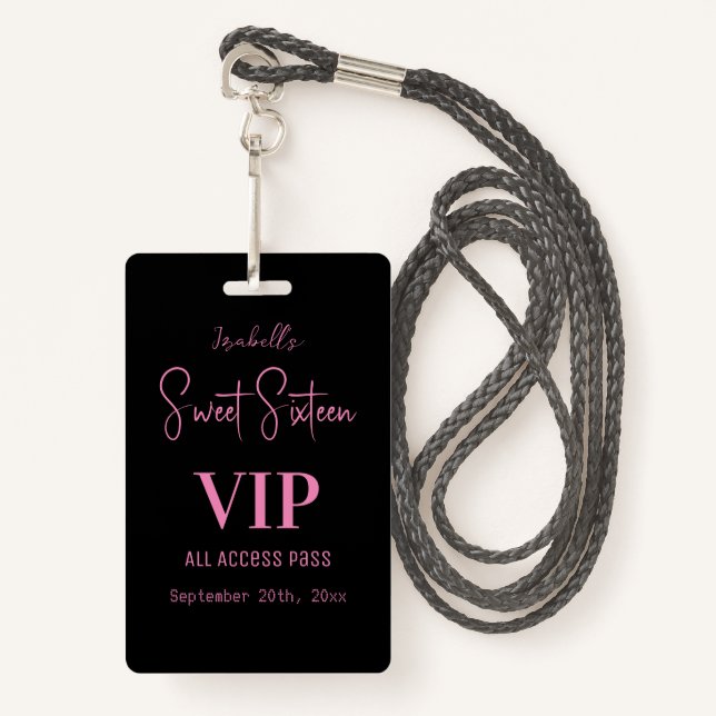 Elegant Pink Script Sweet Sixteen Invitation VIP  ID Badge (Front with Lanyard)