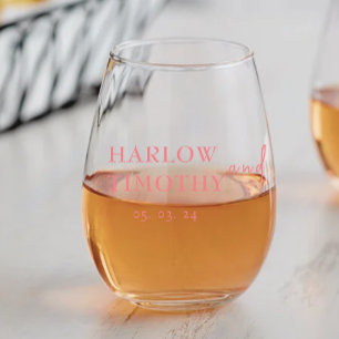 Elegant Pink Script Wedding Drinkware Set Stemless Wine Glass