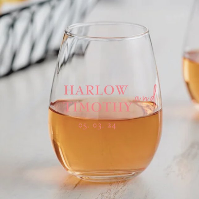 Elegant Pink Script Wedding Drinkware Set Stemless Wine Glass (Creator Uploaded)