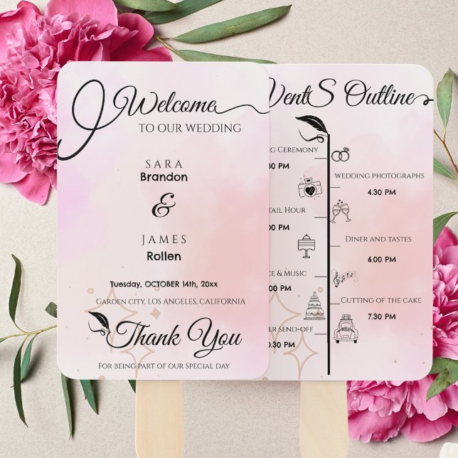 Elegant pink Script Wedding Program and Timeline Hand Fan (Creator Uploaded)