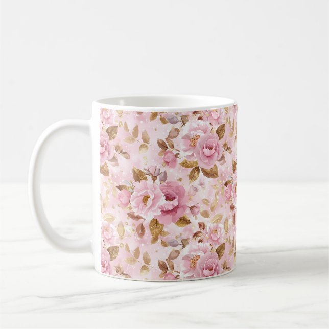 elegant pink seamless pattern with flowers roses a coffee mug (Left)