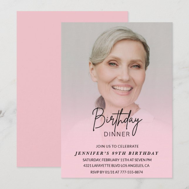 Elegant Pink Shadow Dinner Photo 89th birthday Invitation (Front/Back)