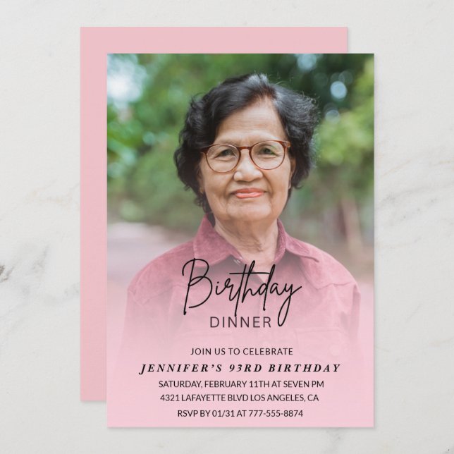 Elegant Pink Shadow Dinner Photo 93rd birthday Invitation (Front/Back)