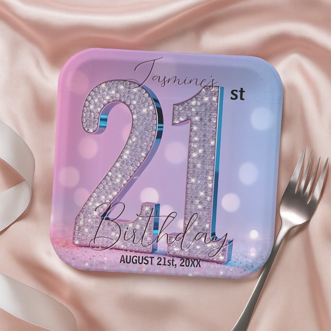 Elegant Pink Shimmering Diamonds 21st Birthday Paper Plate (Creator Uploaded)